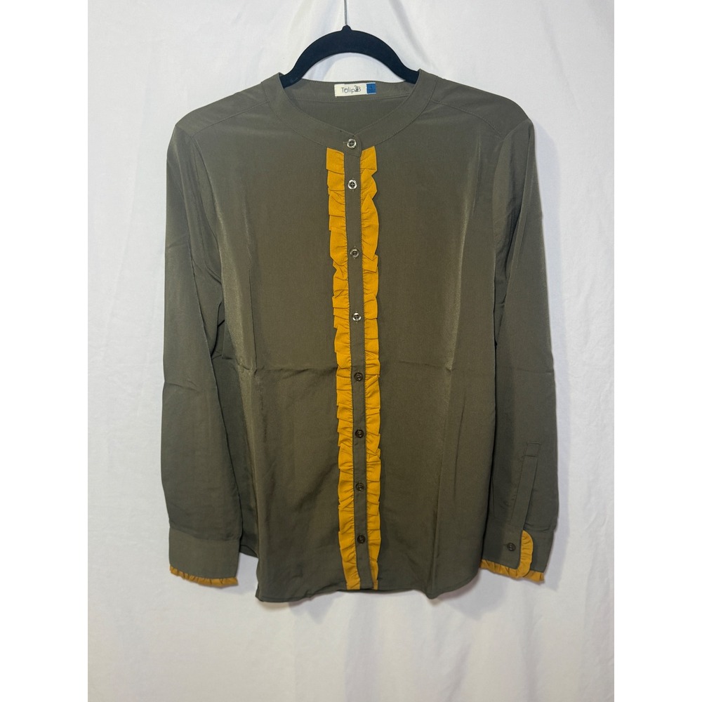 Olive Mustard Ruffle Blouse L Cottagecore Dark Academia Fall Tulip B NWOT